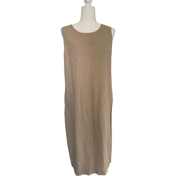Vintage Liz Claiborne 90s Tan Lightweight Sleeveless Shift Midi Dress - Size 14 - Picture 1 of 6